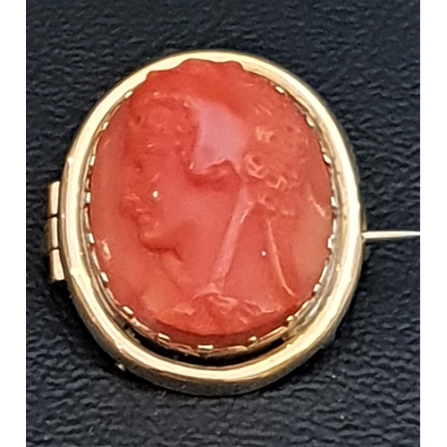 92 - CARVED CORAL CAMEO BROOCH
depicting a Classical head in profile, in unmarked gold mount, 2.3cm high