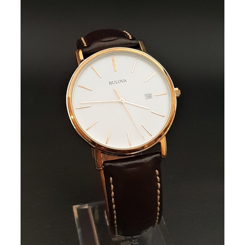 93 - GENTLEMAN'S BULOVA WRISTWATCH
the white dial with baton five minute markers and date aperture at 3, ... 