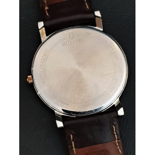 93 - GENTLEMAN'S BULOVA WRISTWATCH
the white dial with baton five minute markers and date aperture at 3, ... 