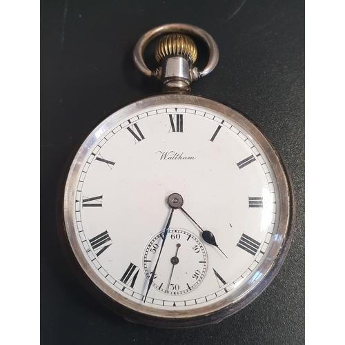 118 - GEORGE V SILVER WALTHAM POCKET WATCH
the open face with Roman numerals and a subsidiary seconds dial... 