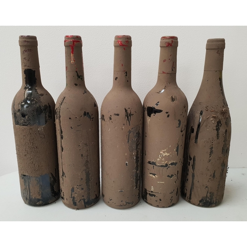 474 - FIVE BOTTLES OF UNKNOWN RED WINE
all covered in a layer of dirt resulting in the labels being indist... 