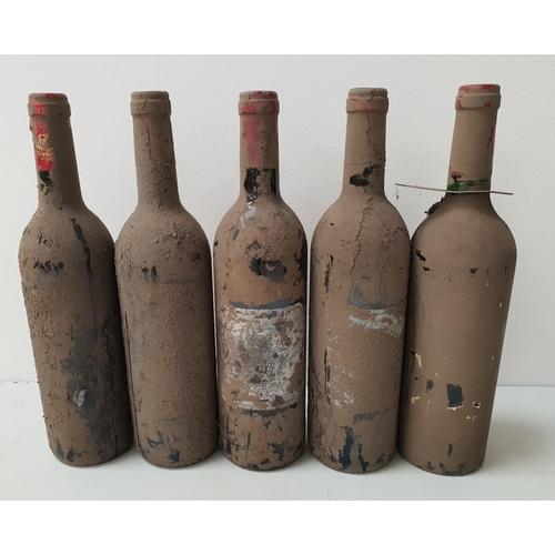 475 - FIVE BOTTLES OF UNKNOWN RED WINE
all covered in a layer of dirt resulting in the labels being indist... 