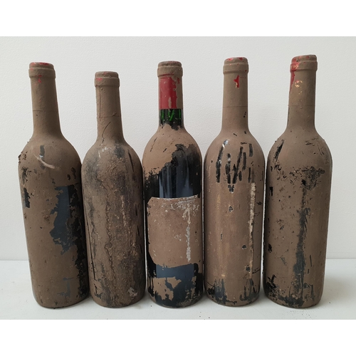 476 - FIVE BOTTLES OF UNKNOWN RED WINE
all covered in a layer of dirt resulting in the labels being indist... 