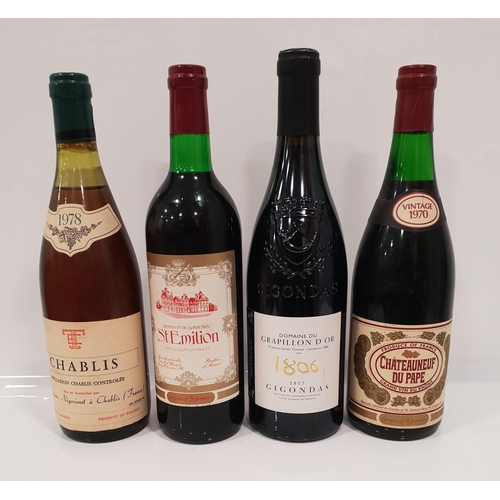 469 - FOUR BOTTLES OF WINE
comprising one bottle of 1970 Chateauneuf Du Pape, one bottle of Saint Emilion ... 