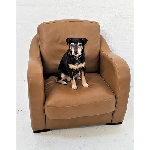 402 - ART DECO STYLE CLUB CHAIR
with a shaped back and arms, covered in tan leather