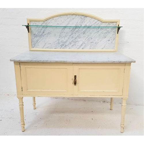 403 - PAINTED WASH STAND
with a shaped and raised grey marble back with a glass shelf above a grey marble ... 