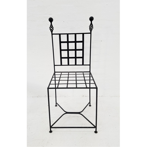 411 - STEEL FRAME CHAIR
with a lattice work back with turned finials above a lattice work seat, standing o... 