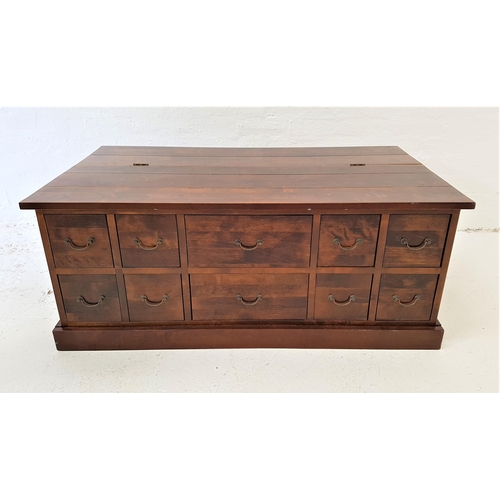 418 - NEXT TEAK CENTRE TABLE/CHEST
the rectangular top with a part hinged lift up section and an arrangeme... 