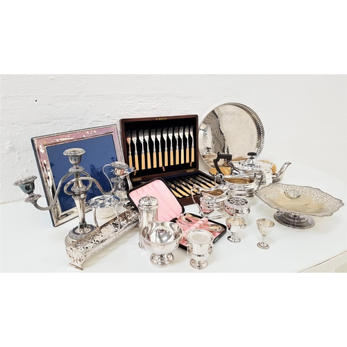 142 - SELECTION OF SILVER PLATED ITEMS
including a large photograph frame, an oak cased set of twelve fish... 