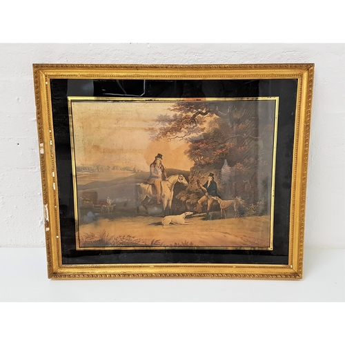 357 - BRITISH SCHOOL
Hunting with hounds, print, in a gilt highlighted frame with label to verso, 41cm x 5... 