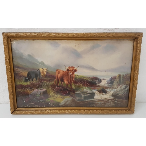 362 - WILLIAM MOLLEY
Highland cattle grazing by the loch, oil on canvas, 36.5cm x 62cm