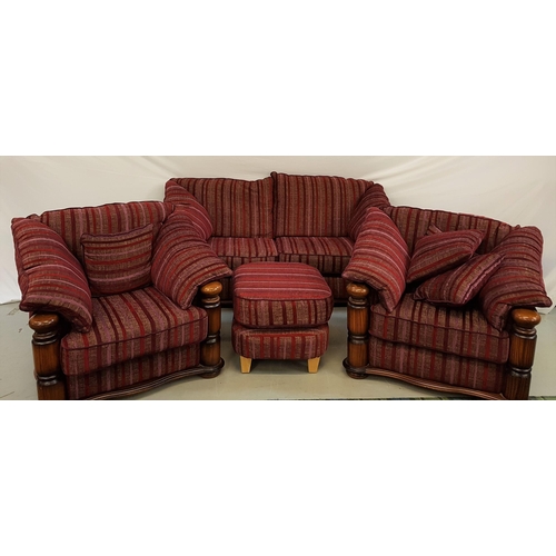 365 - MODERN OAK FOUR PIECE SUITE
comprising a two seat sofa, two armchairs and a footstool, all covered i... 