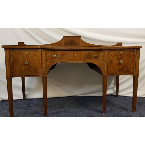 433 - MAHOGANY AND INLAID SERPENTINE SIDEBOARD
with a shaped and raised back above a central drawer flanke... 