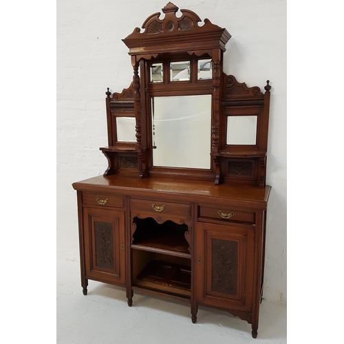 441 - EDWARDIAN OAK MIRROR BACK SIDEBOARD
with a shaped and carved pediment supported by a pair of turned ... 