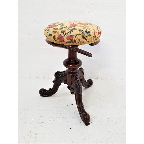 399 - VICTORIAN ROSEWOOD PIANO STOOL
with a circular adjustable seat on a turned tapering column with thre... 