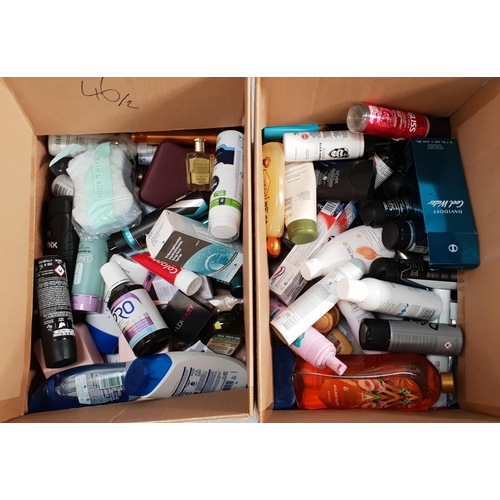 46 - TWO BOXES OF NEW AND USED TOILETRY ITEMS
including: Clinique, Schwarzkopf, Monday, Aveeno, Floris Lo... 