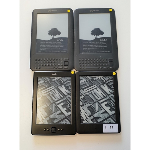 75 - FOUR KINDLE E-READERS
comprising a Kindle Basic 3, serial number G091 0L04 9202 01SN; a Kindle 4 No ... 