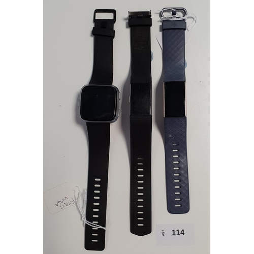 114 - THREE FITBIT SMARTWATCHES
comprising: Charge 3, Versa, Charge 2 (3)