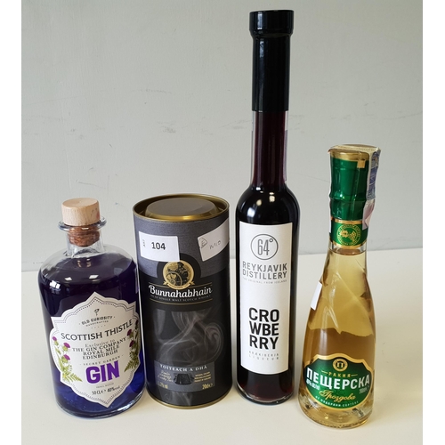 104 - SELECTION OF ALCOHOLIC DRINKS
comprising: Scottish Thistle Gin (50cl and 40%), Bunnahabhain Single M... 