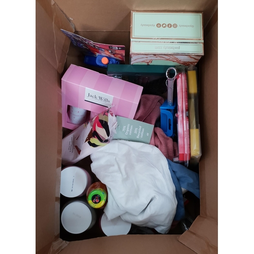 120 - ONE BOX OF NEW ITEMS
including: Children's Clothes, Toiletry Sets, Consumables, Toy Gun, Tools