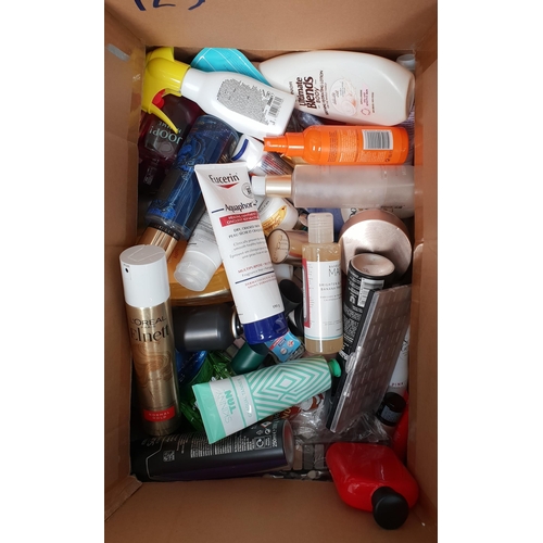 123 - ONE BOX OF NEW AND USED TOILETRY ITEMS
including: Joop, Victoria Secret, Ralph Lauren, Dove, Sure et... 