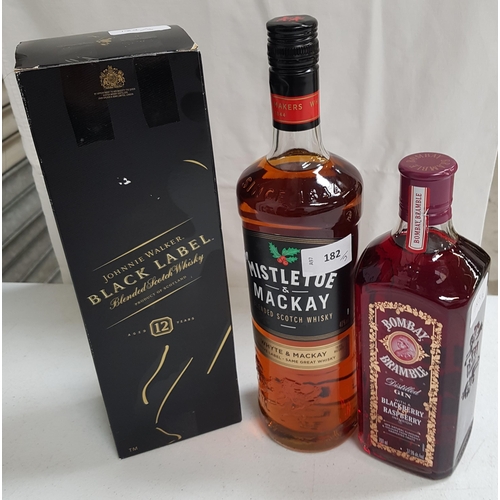 182 - THREE BOTTLES OF SPIRITS
comprising Johnnie Walker Black label (1 litre & 40%); Whyte & Mackay blend... 