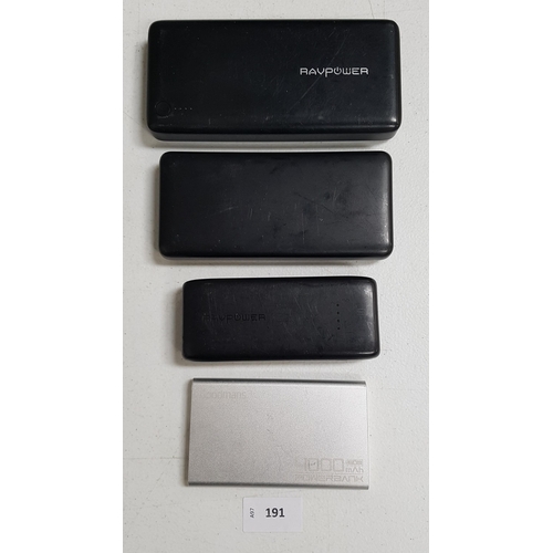 191 - SELECTION OF POWER BANKS
including: Two Rav Power, Goodmans and Anker (4)