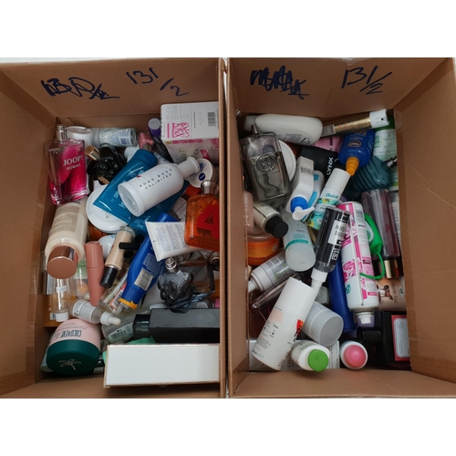 131 - TWO BOXES OF NEW AND USED TOILETRY ITEMS
Including: Joop, Victoria Secret, Diesel, Sanctuary, Chanel... 