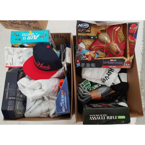 134 - TWO BOXES OF NEW ITEMS
including: Clothes, Nerf Guns, Dog Coat, Toiletry Set, Lego, Playing Cards et... 