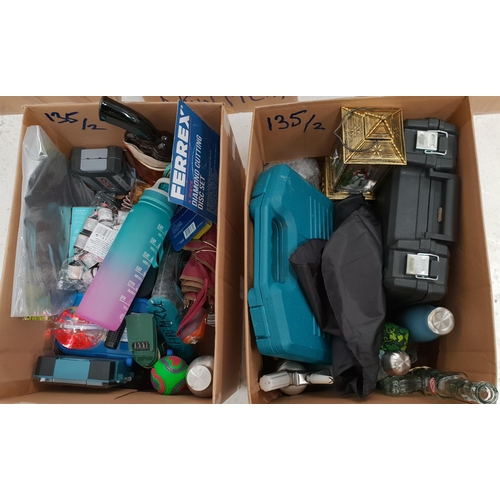 135 - TWO BOXES OF MISCELLANEOUS ITEMS
including: Spectacles, Sunglasses, Tools, Umbrellas, Drills, Lanter... 