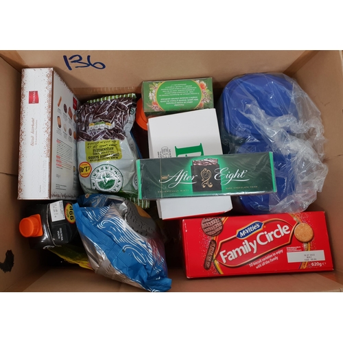 136 - ONE BOX OF CONSUMABLE ITEMS
including: Teabags, Biscuits, Aptamil, Crisps, Sweets, Coffee, Chocolate