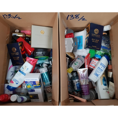 138 - TWO BOXES OF NEW AND USED TOILETRY ITEMS
including: Chanel, Versace, Issey Miyake, Victoria Secret, ... 