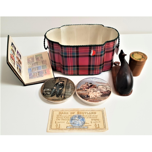 187 - MIXED LOT OF COLLECTABLES
including a shaped Tartan ware metal planter, a Bank Of Scotland £1 note d... 