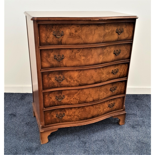 345 - BURR WALNUT SERPENTINE CHEST
with a moulded top above five drawers, standing on bracket feet, 99.5cm... 