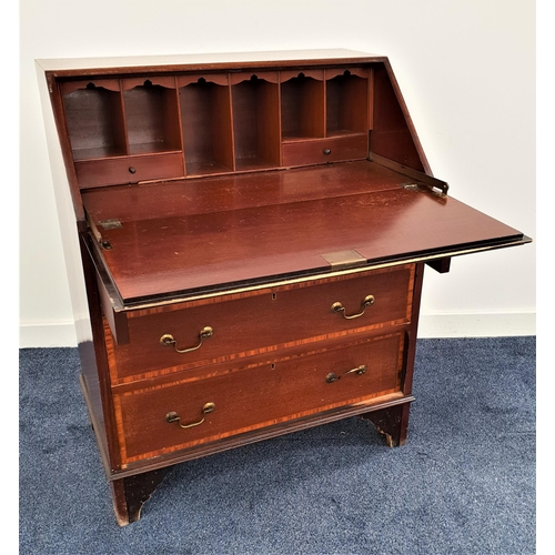 349 - MAHOGANY AND CROSSBANDED BUREAU
the fall flap opening to reveal a fitted interior, with three long d... 