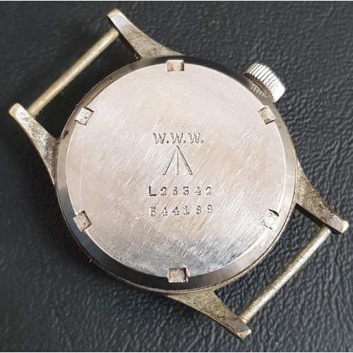 45 - WWII MILITARY ISSUE WRISTWATCH BY RECORD
the black dial with Arabic numerals and broad arrow, with s... 