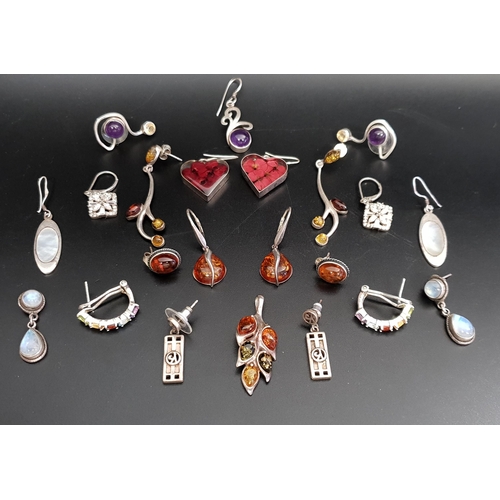 48 - TEN PAIRS OF SILVER AND SILVER MOUNTED EARRINGS
including amber, mother of pearl, CZ, gem set, etc; ... 