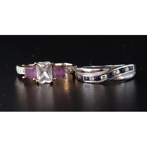 21 - TWO GEM SET RINGS
comprising an amethyst and CZ three stone ring in nine carat gold, and a channel s... 
