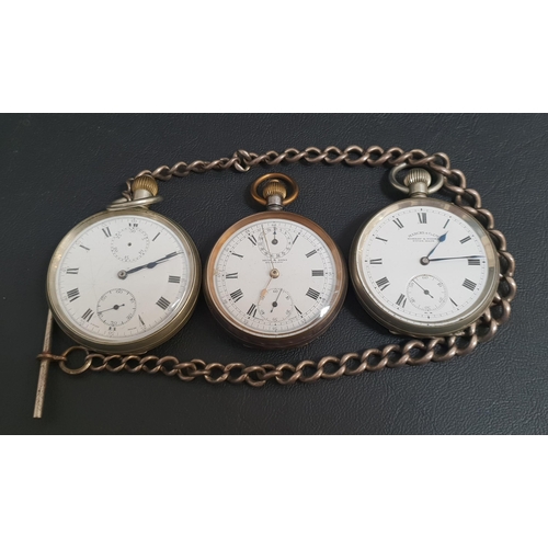 73 - THREE SILVER PLATED POCKET WATCHES
all with open faces and Roman numerals to the white dials, two ch... 