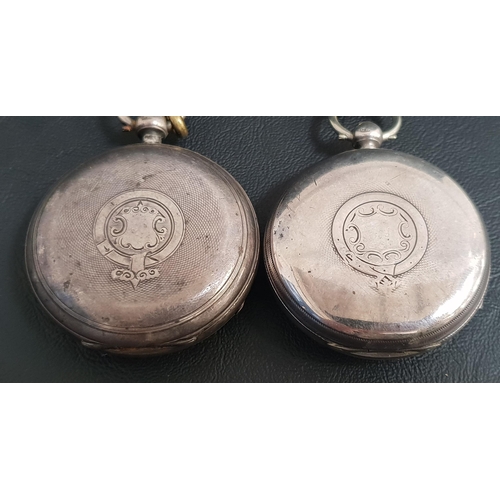 86 - TWO VICTORIAN SILVER CASED OPEN FACE POCKET WATCHES
both with Roman numerals and subsidiary seconds ... 