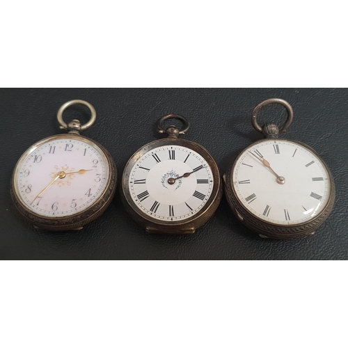 90 - THREE SILVER FOB WATCHES
two with Roman numerals and one with Arabic numerals and gilt decoration (3... 