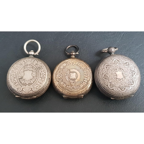 90 - THREE SILVER FOB WATCHES
two with Roman numerals and one with Arabic numerals and gilt decoration (3... 