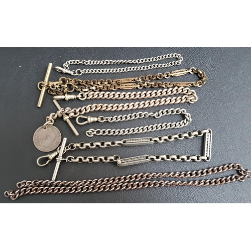 103 - SELECTION OF ALBERT CHAINS
comprising two silver plated examples with T-bars, one with coin fob date... 