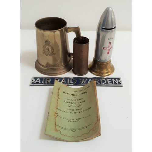 321 - SELECTION OF MILITARY ITEMS
including a metal sign 'Air Raid Warden', 22.5cm long, Record Book For A... 