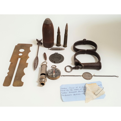 322 - SELECTION OF MILITARY AND OTHER ITEMS
including an A.R.P. whistle, pair of rigid fixed handcuffs wit... 