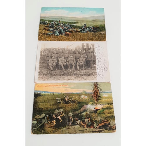 329 - THREE WWI POSTCARDS
two in colour depicting German soldiers and a black and white example of British... 