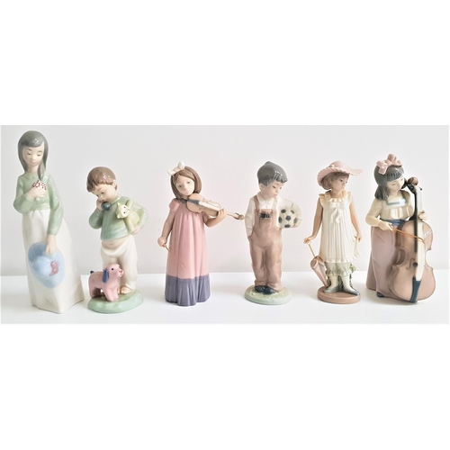 129 - SIX NAO FIGURES
including a girl holding her hat and a posy of flowers, 23.5cm high, girl playing th... 