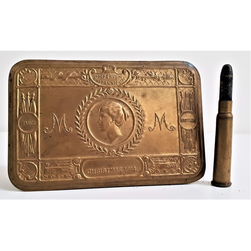 295 - WWI PRINCESS MARY BRASS CHRISTMAS TIN
with an embossed lid, together with a bullet case pencil, mark... 