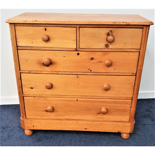 375 - STRIPED AND WAXED PINE CHEST OF DRAWERS
with a moulded top above two short and three long drawers, s... 