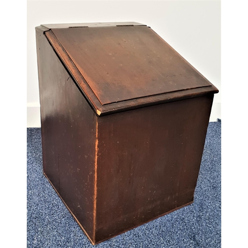 386 - MAHOGANY BOX
with a hinged sloping lid, 43cm high